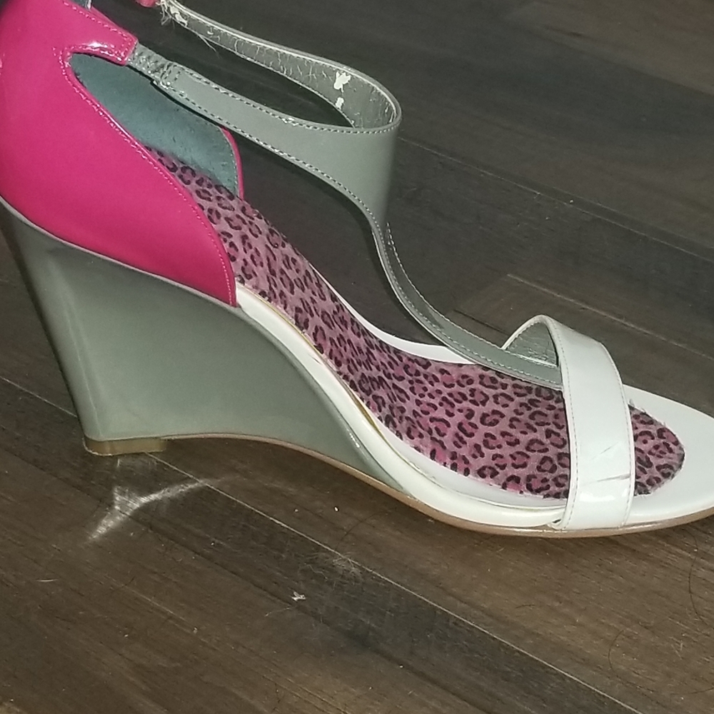 Hot pink, white and grey, 4 inch heels.